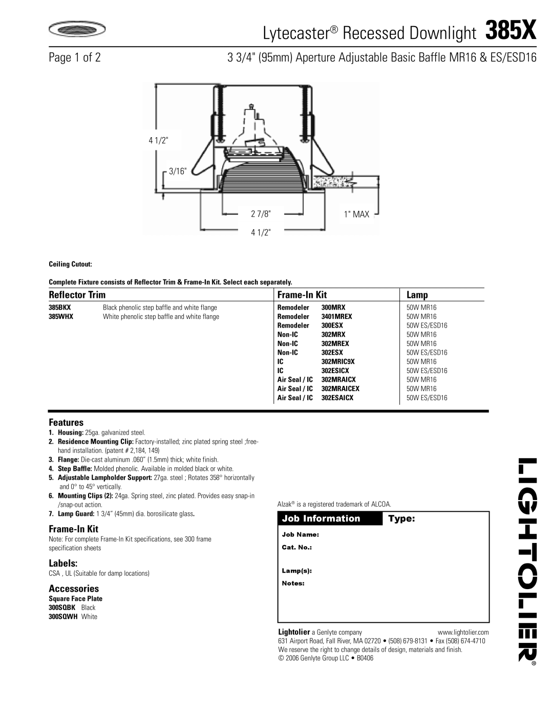 Lightolier 385X specifications Lytecaster Recessed Downlight , 4 95mm Aperture Adjustable Basic Baffle MR16 & ES/ESD16 